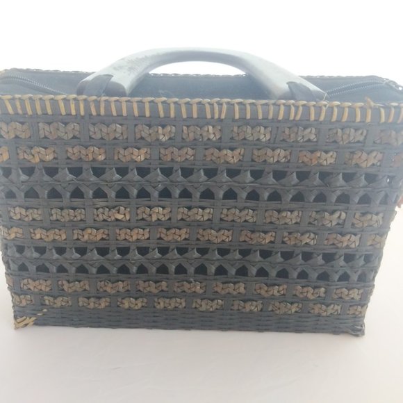Vintage black woven straw and fabric rectangle box handbag made in Thailand - Picture 4 of 11